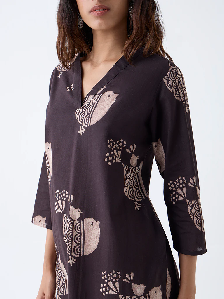 Utsa Dark Brown Printed Cotton Straight Kurta - Image 3