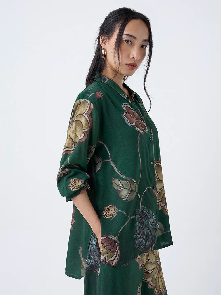 Utsa Dark Green Botanical Design Tunic - Image 2