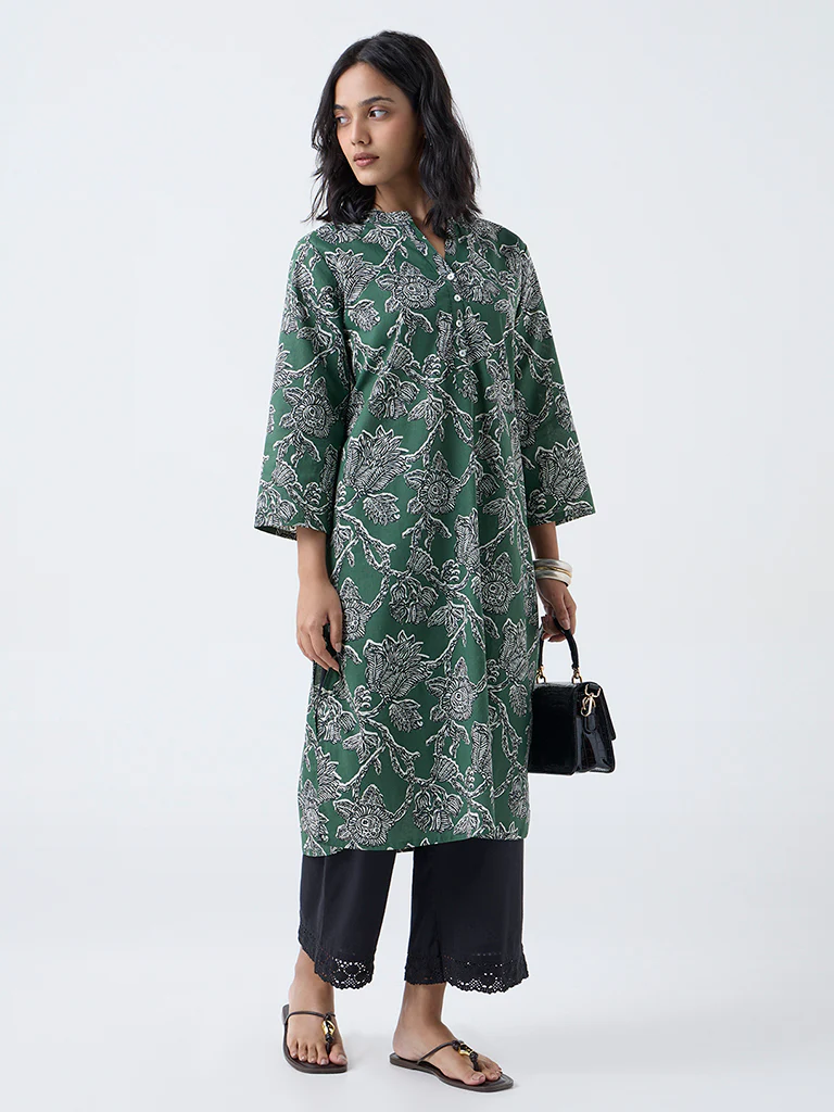 Utsa Dark Green Botanical Pattern Cotton Straight Kurta - Image 2