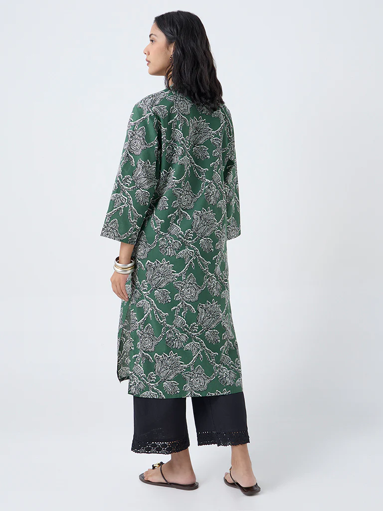 Utsa Dark Green Botanical Pattern Cotton Straight Kurta - Image 4