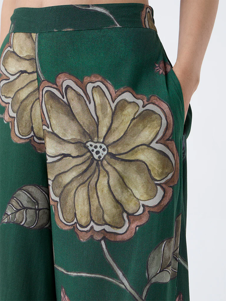 Utsa Dark Green Botanical Pattern Palazzos - Image 3