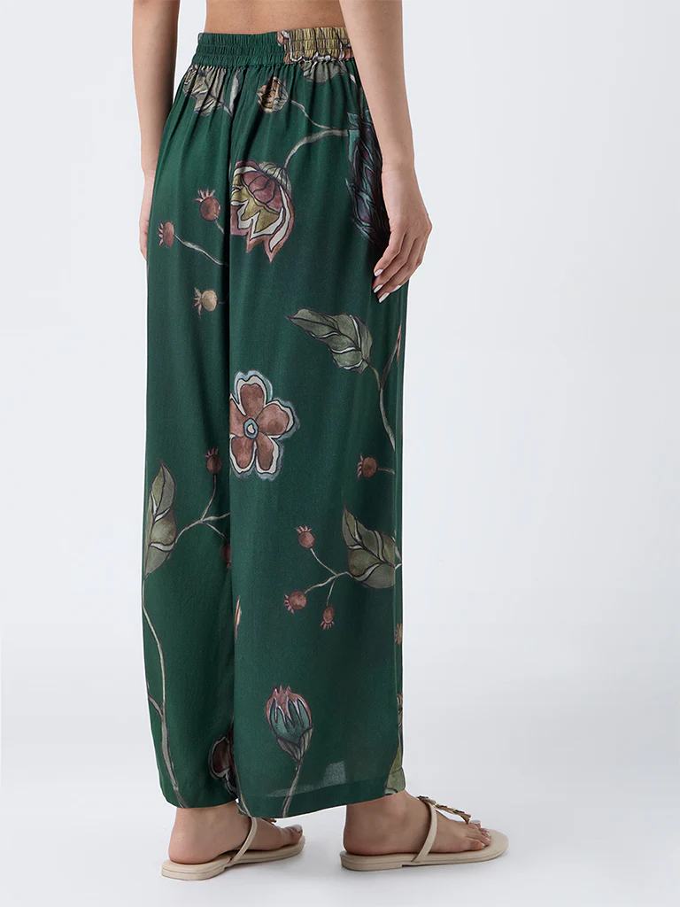 Utsa Dark Green Botanical Pattern Palazzos - Image 4