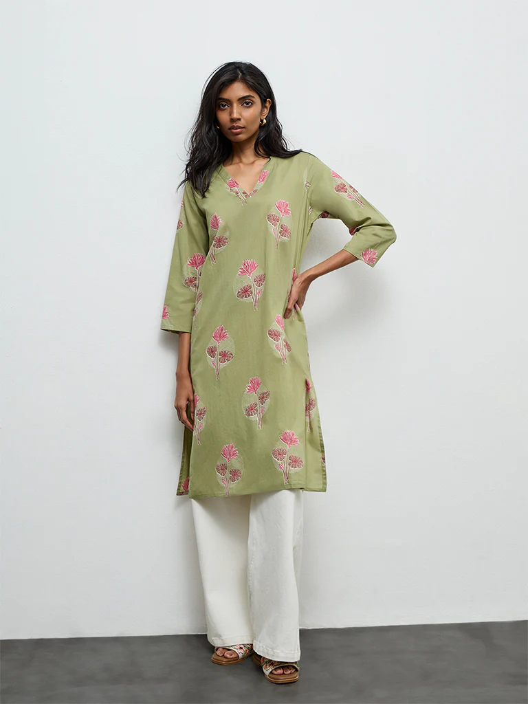 Utsa Dark Sage Floral Printed Straight Cotton Kurta