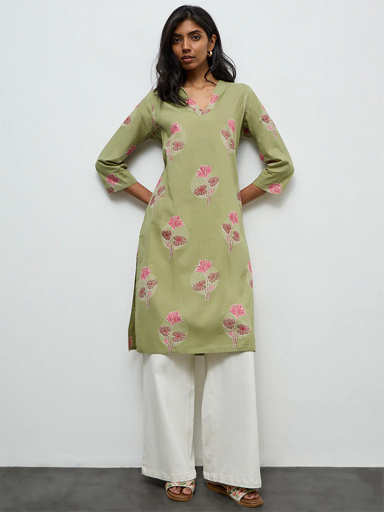 Utsa Dark Sage Floral Printed Straight Cotton Kurta - Image 2