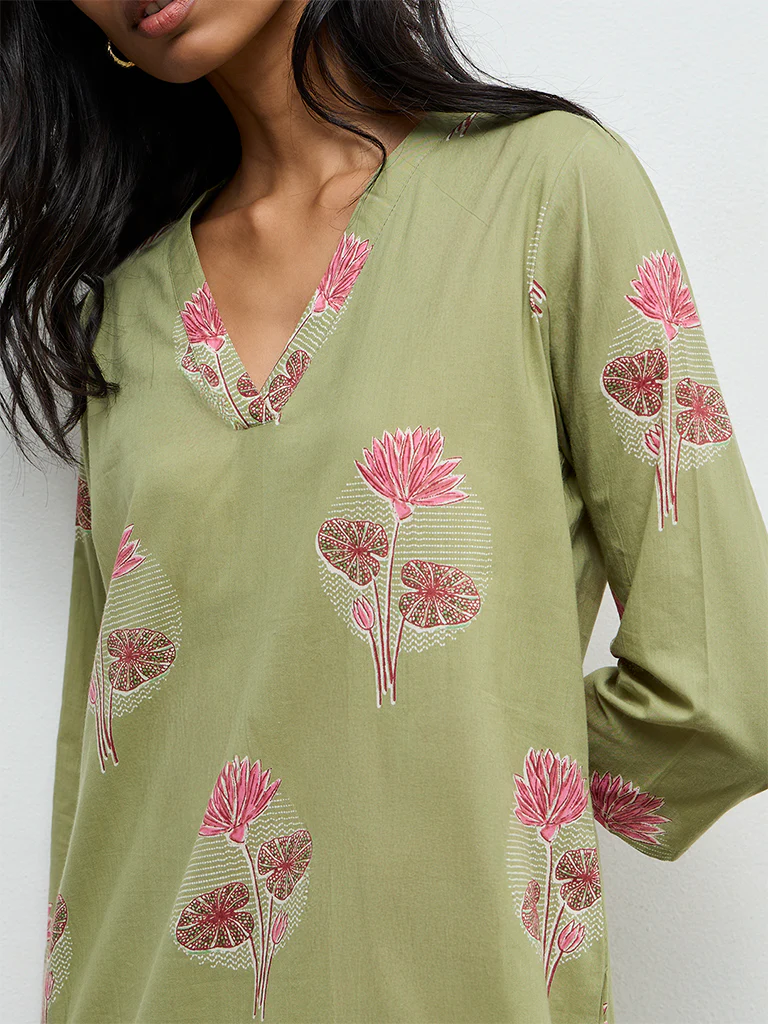 Utsa Dark Sage Floral Printed Straight Cotton Kurta - Image 3