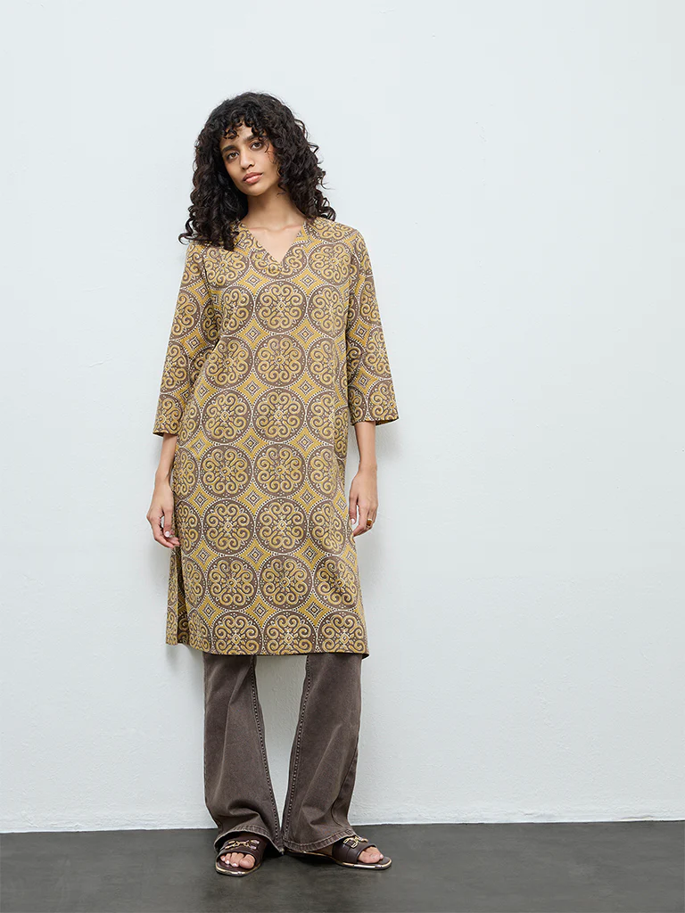 Utsa Dark Yellow Printed Cotton Straight Kurta - Image 2