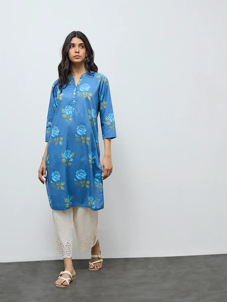 Utsa Dusty Blue Floral Printed Cotton Straight Kurta - Image 2