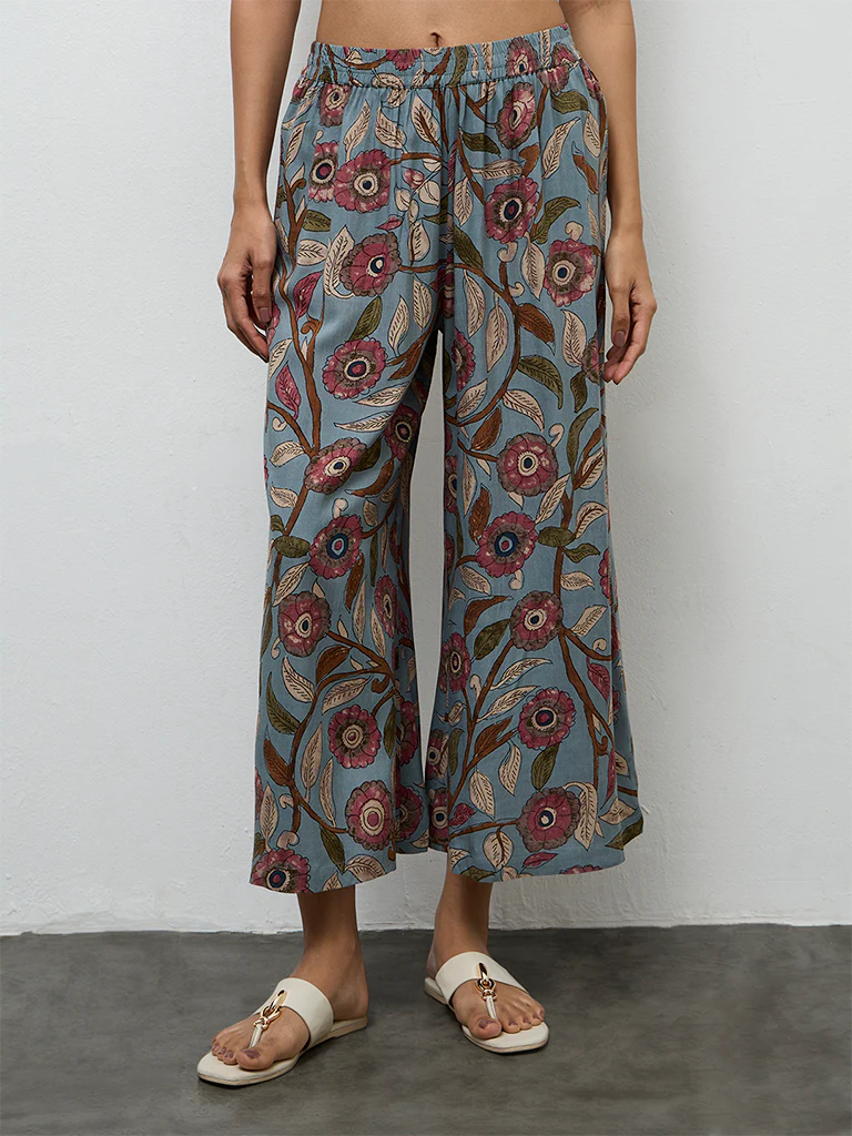 Utsa Dusty Blue Foliage Pattern Palazzos