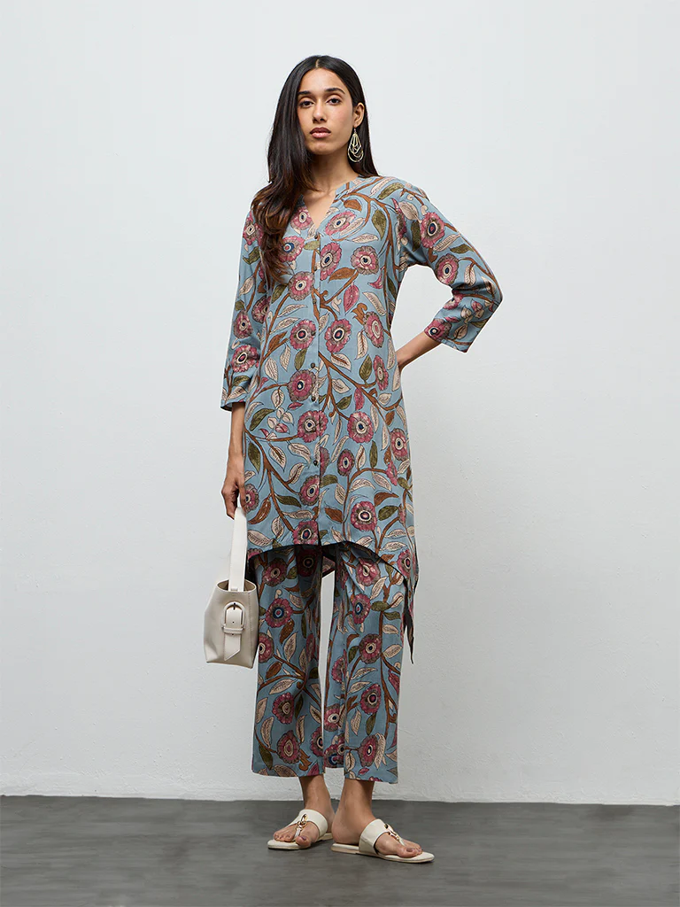 Utsa Dusty Blue Foliage Printed A-Line Kurta