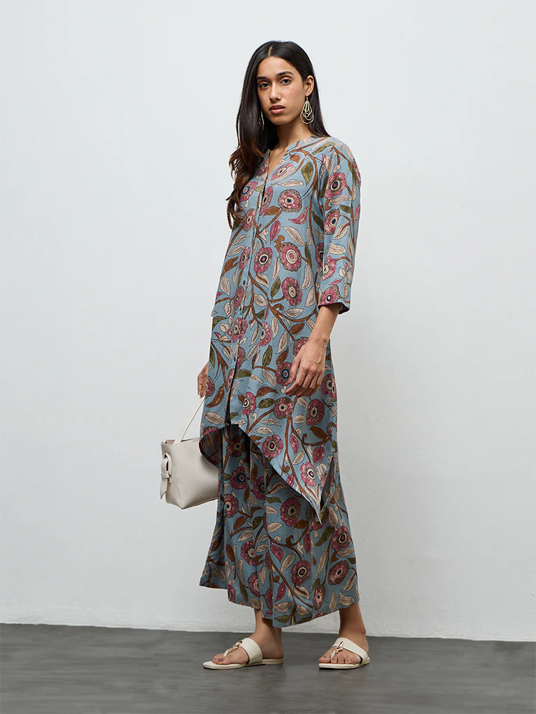 Utsa Dusty Blue Foliage Printed A-Line Kurta - Image 2