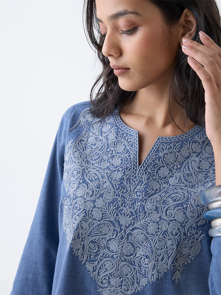 Utsa Dusty Blue Paisley Embroidered Cotton Tunic - Image 3