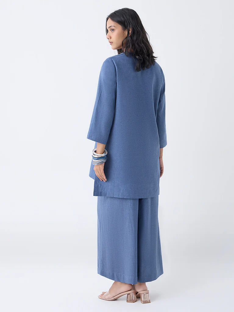 Utsa Dusty Blue Paisley Embroidered Cotton Tunic - Image 4