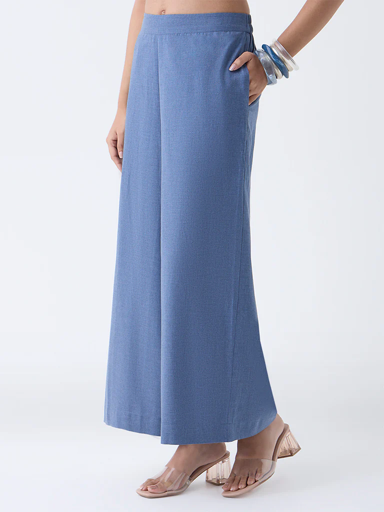 Utsa Dusty Blue Solid Cotton Palazzos