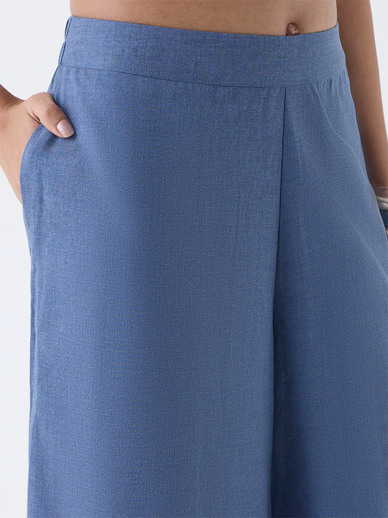 Utsa Dusty Blue Solid Cotton Palazzos - Image 3