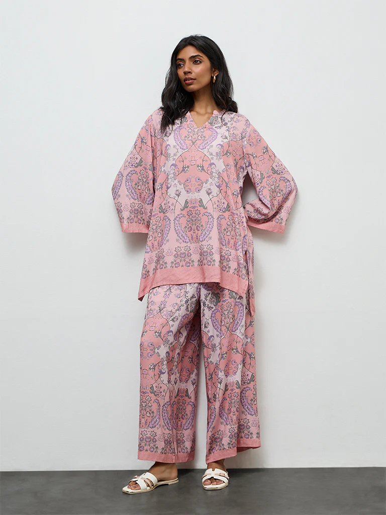 Utsa Dusty Pink Argyle Printed Palazzos - Image 2