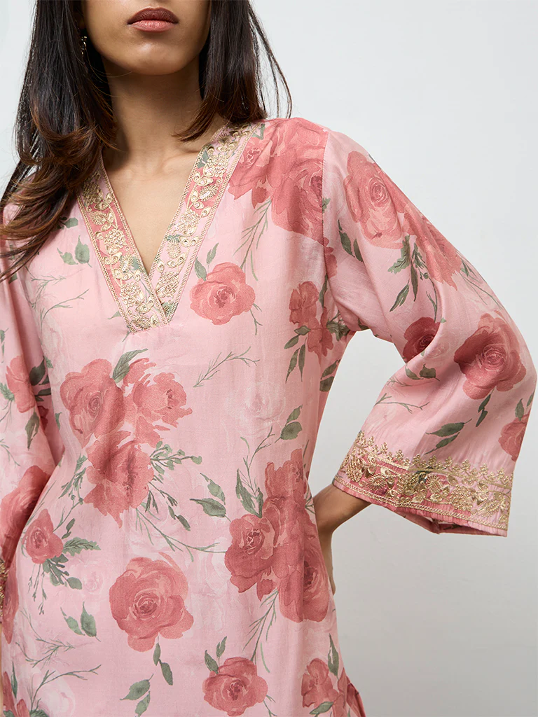 Utsa Dusty Pink Botanical Design A-Line Kurta - Image 3
