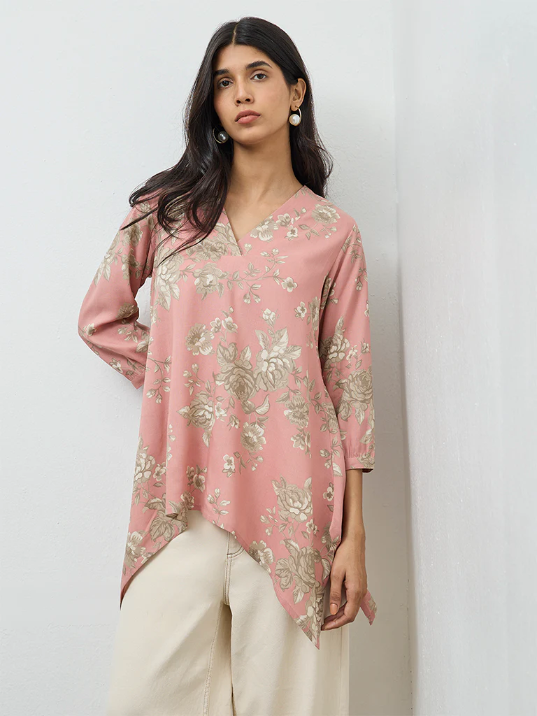 Utsa Dusty Pink Botanical Design Tunic