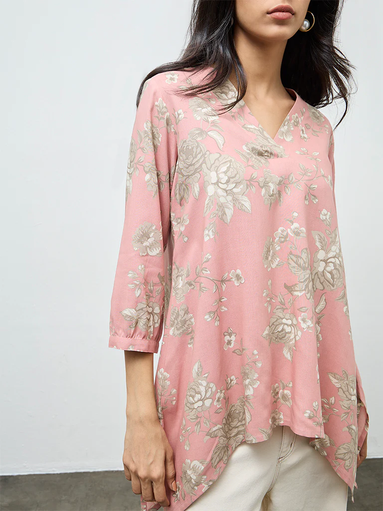 Utsa Dusty Pink Botanical Design Tunic - Image 3