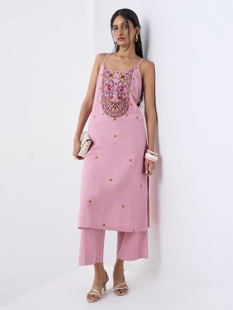 Utsa Dusty Pink Embroidered Cotton-Blend A-Line Kurta