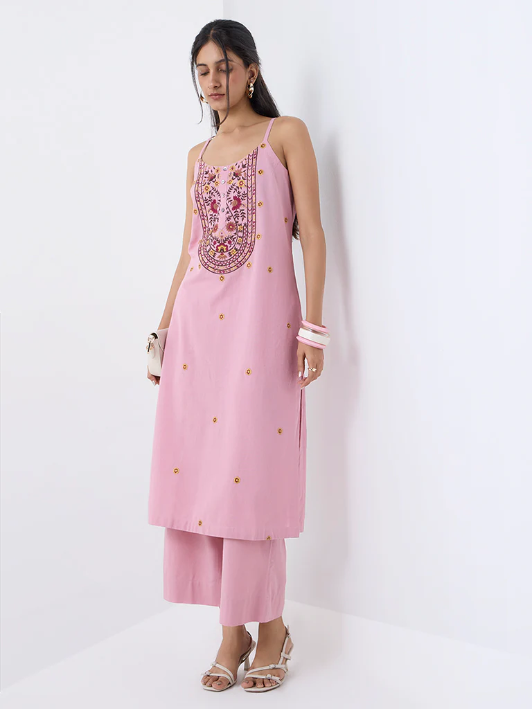 Utsa Dusty Pink Embroidered Cotton-Blend A-Line Kurta - Image 2