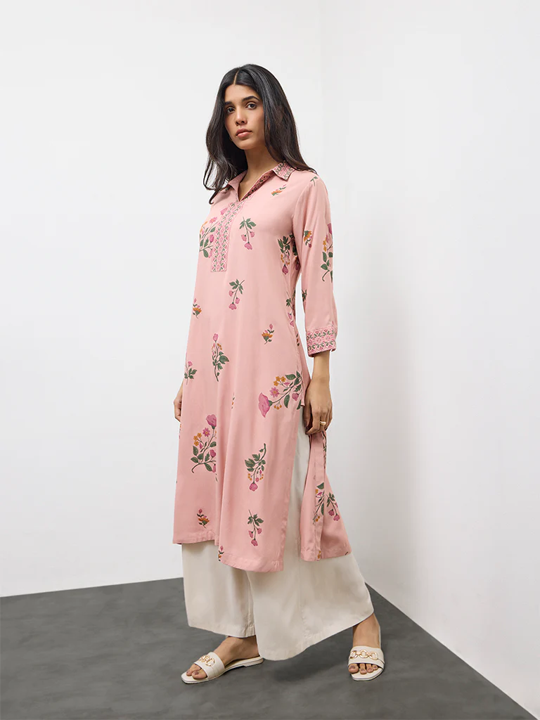 Utsa Dusty Pink Floral Design A-Line Kurta - Image 2