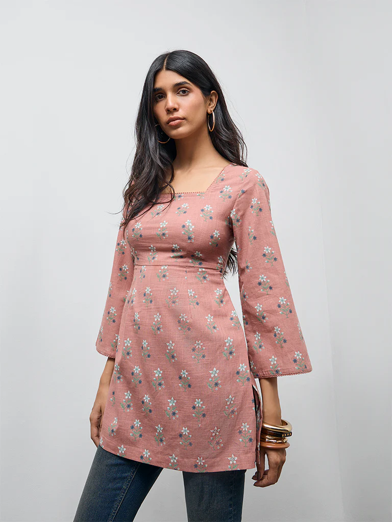 Utsa Dusty Pink Floral Design Cotton Tunic - Image 2