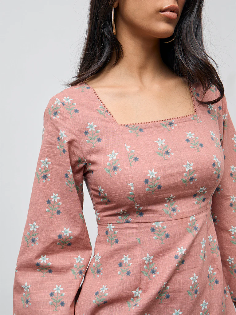 Utsa Dusty Pink Floral Design Cotton Tunic - Image 3