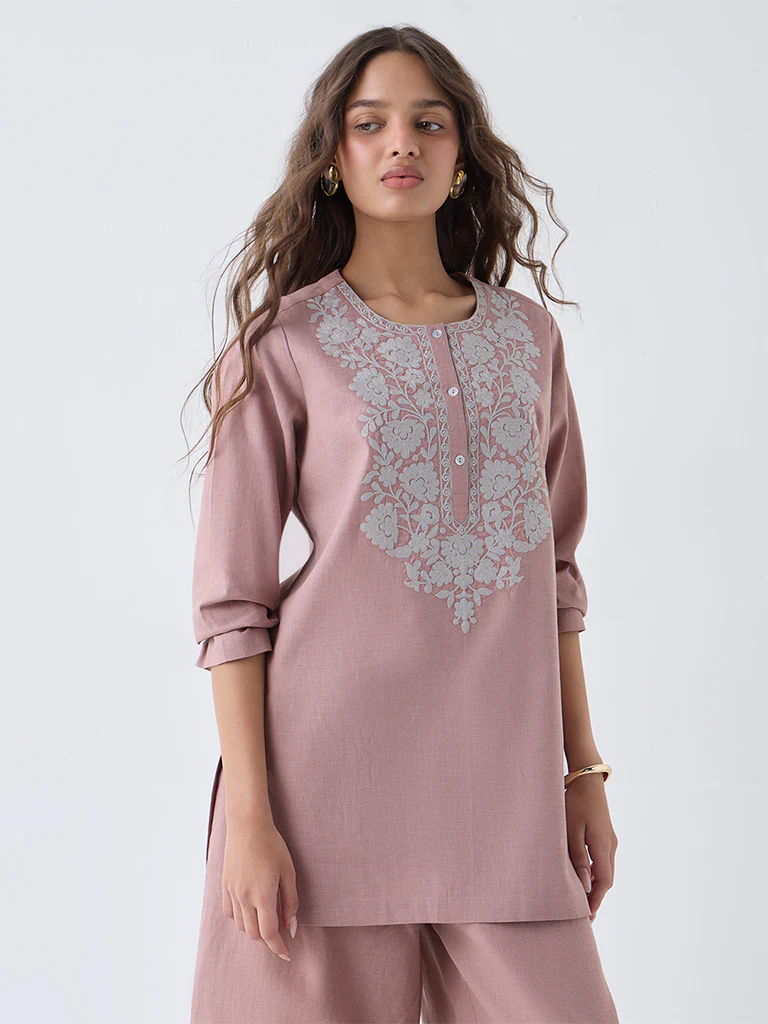 Utsa Dusty Pink Floral Embroidered Cotton Tunic