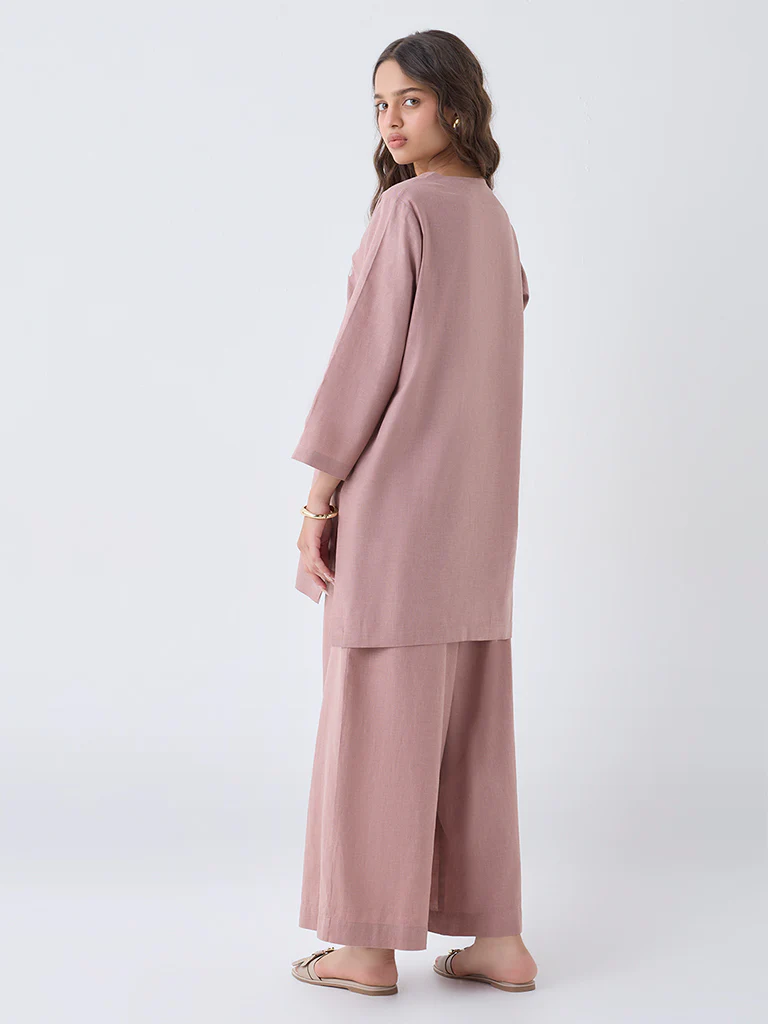 Utsa Dusty Pink Floral Embroidered Cotton Tunic - Image 4