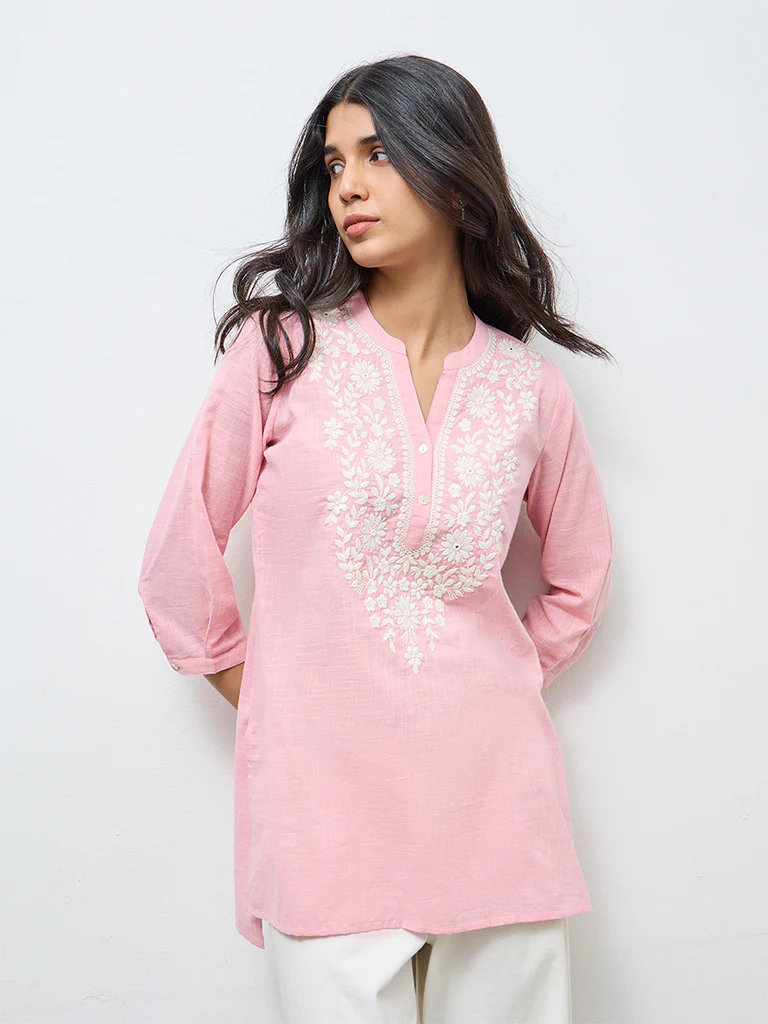 Utsa Dusty Pink Floral Embroidered Cotton Tunic