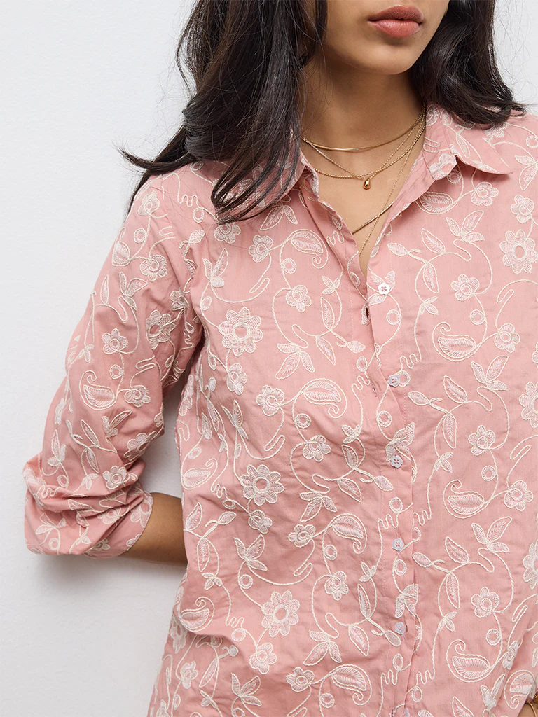 Utsa Dusty Pink Floral Embroidered Cotton Tunic - Image 3