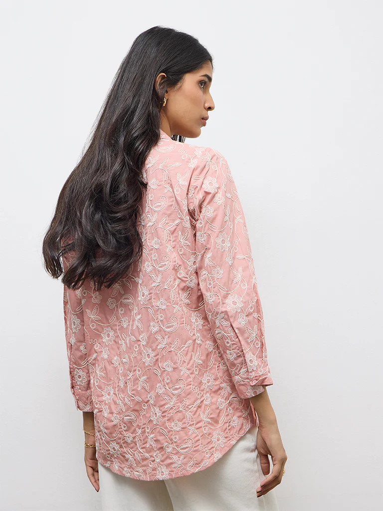 Utsa Dusty Pink Floral Embroidered Cotton Tunic - Image 4