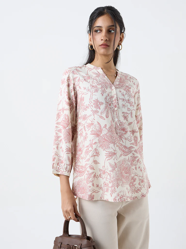 Utsa Dusty Pink Foliage Printed Tunic - Image 2
