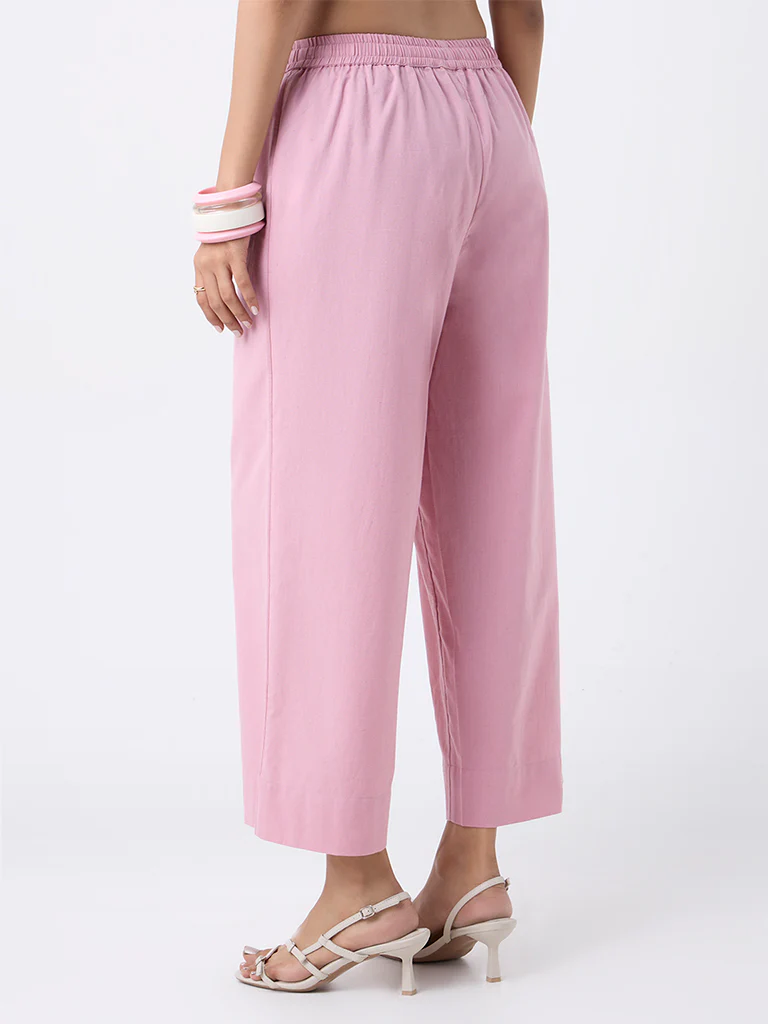 Utsa Dusty Pink Solid Cotton-Blend Pants - Image 4