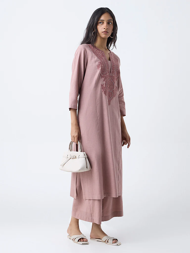 Utsa Dusty Pink Solid Cotton Palazzos - Image 2
