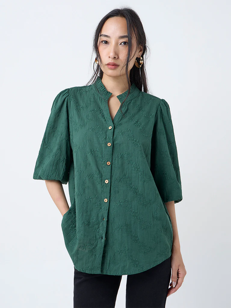 Utsa Emerald Green Floral Embroidered Cotton Tunic - Image 2