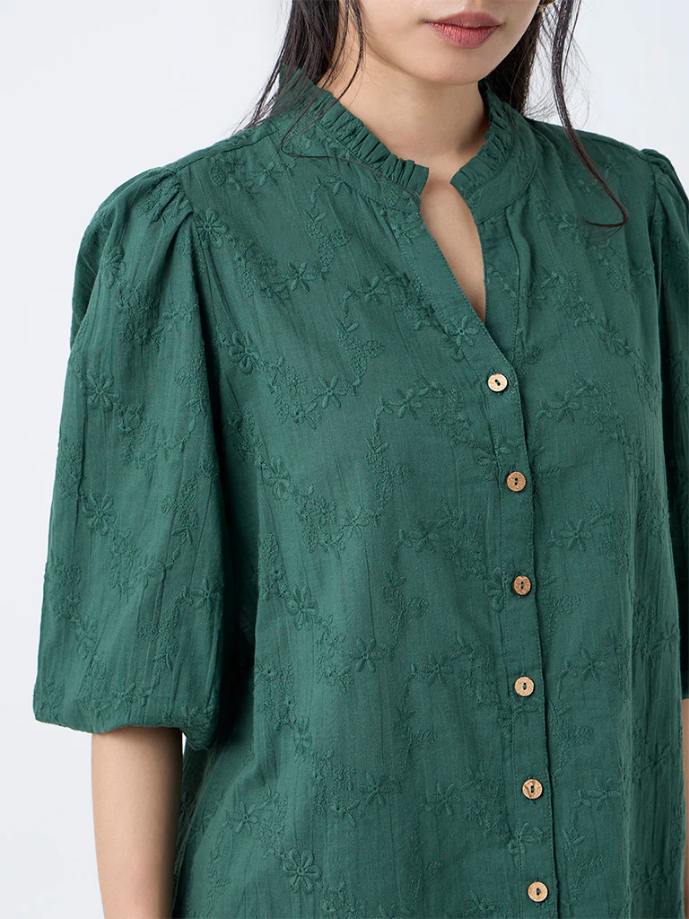 Utsa Emerald Green Floral Embroidered Cotton Tunic - Image 3