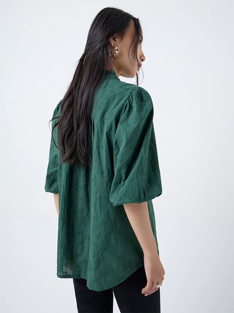 Utsa Emerald Green Floral Embroidered Cotton Tunic - Image 4