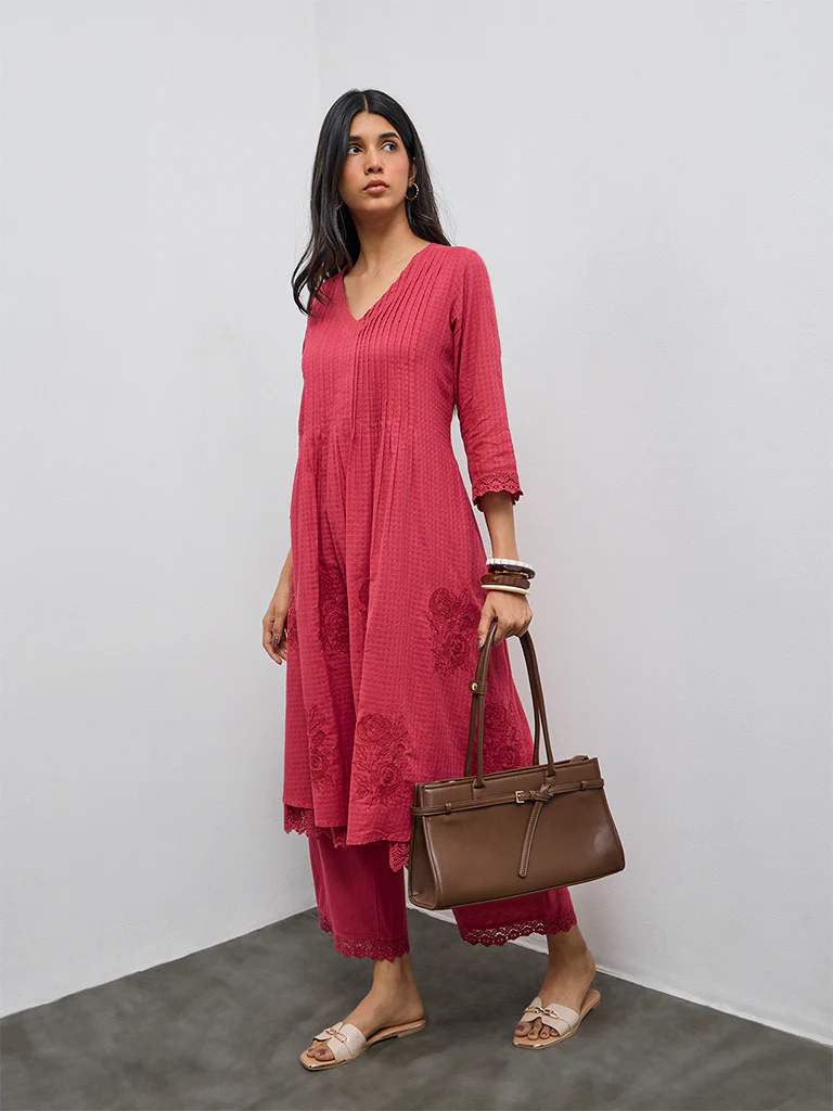Utsa Fuchsia Floral Embroidered Cotton-Blend A-Line Kurta - Image 2
