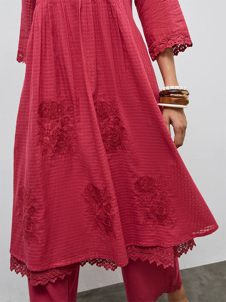 Utsa Fuchsia Floral Embroidered Cotton-Blend A-Line Kurta - Image 3