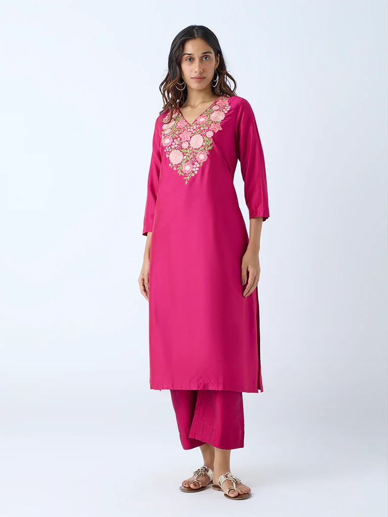 Utsa Fuchsia Floral Embroidered Straight Kurta