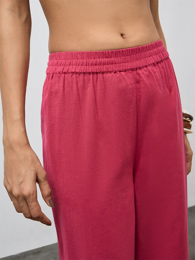 Utsa Fuchsia Lace Detailed Cotton-Blend Pants - Image 3