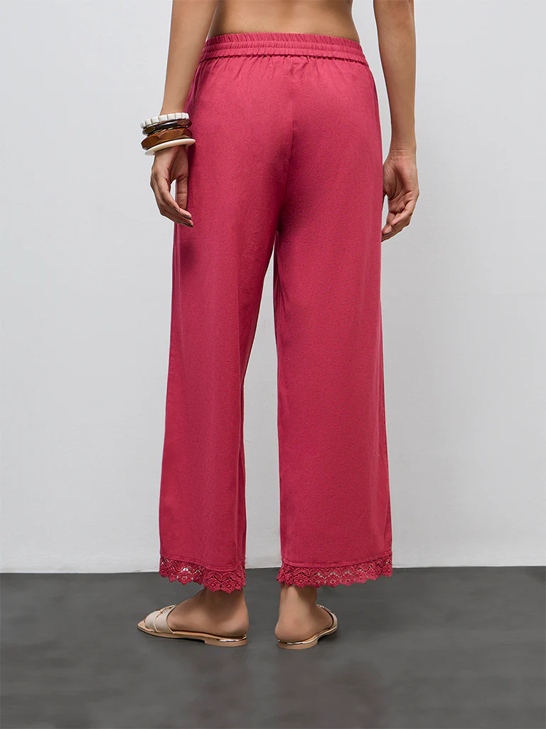 Utsa Fuchsia Lace Detailed Cotton-Blend Pants - Image 4