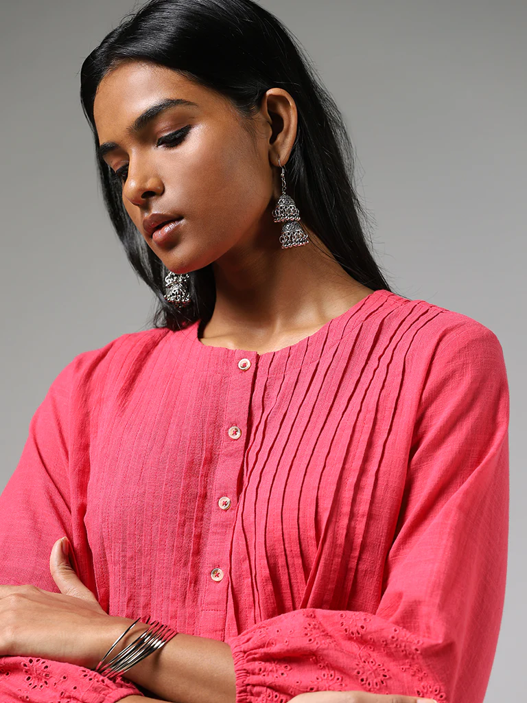 Utsa Fuchsia Pintuck Schiffli Cotton Kurti - Image 2