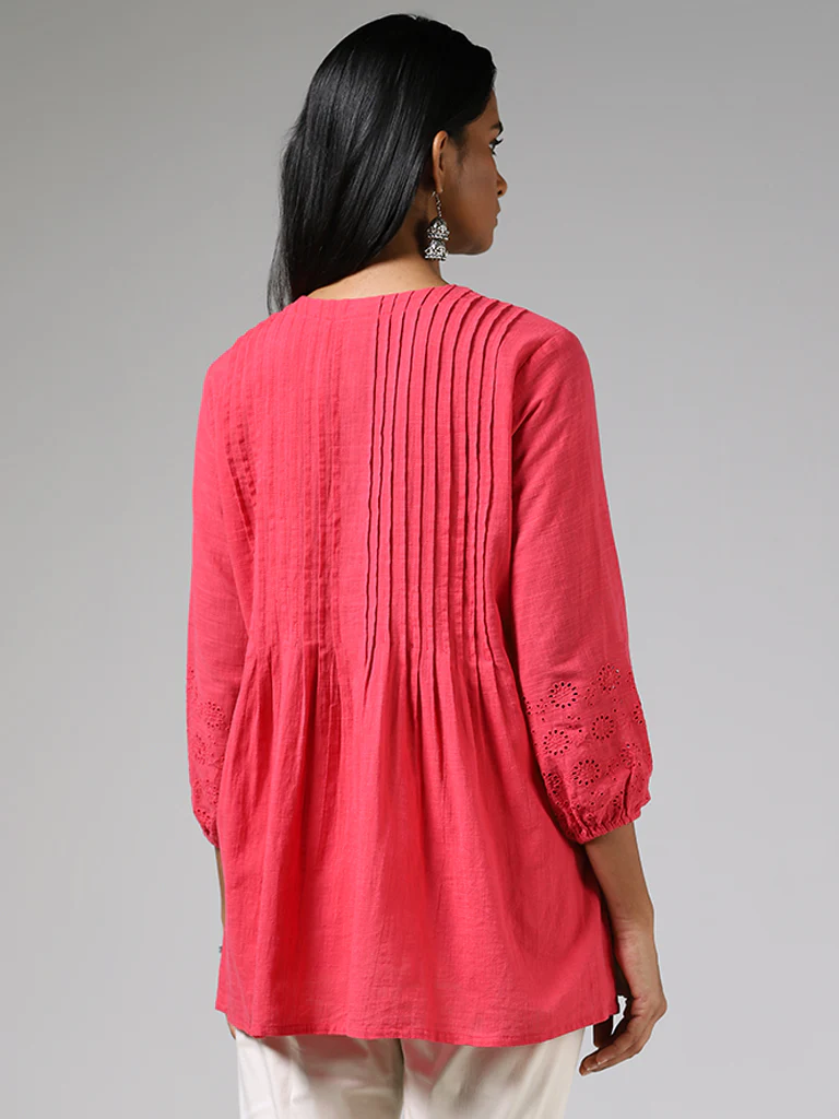Utsa Fuchsia Pintuck Schiffli Cotton Kurti - Image 4