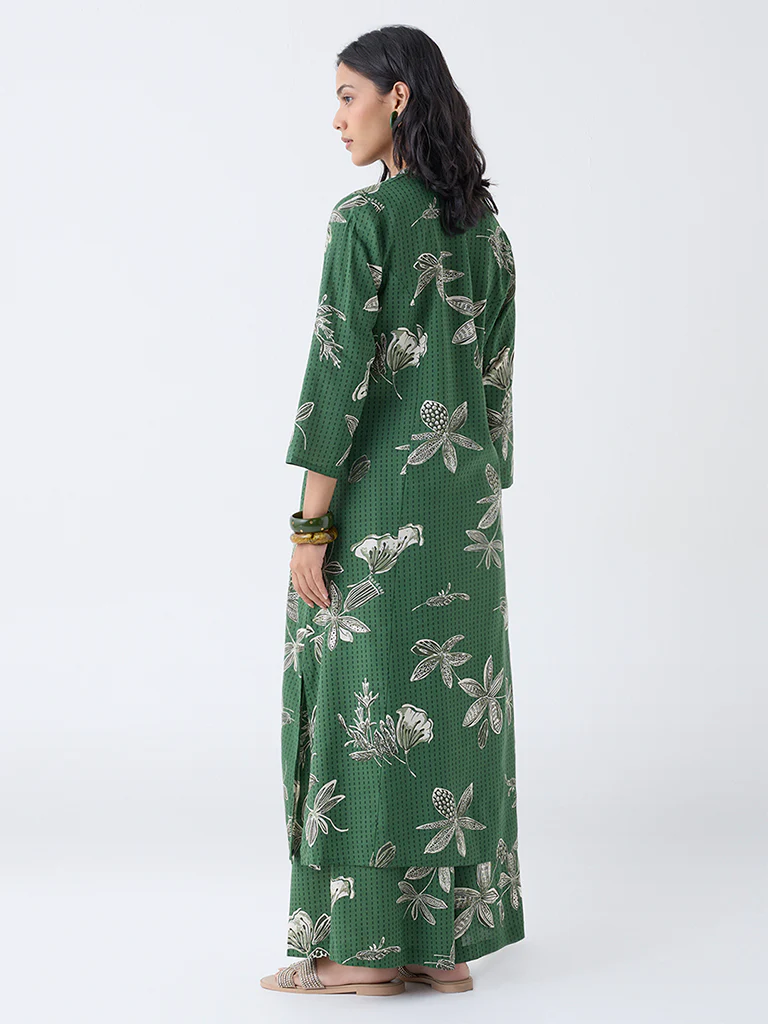 Utsa Green Botanical Printed Cotton-Blend A-Line Kurta - Image 4