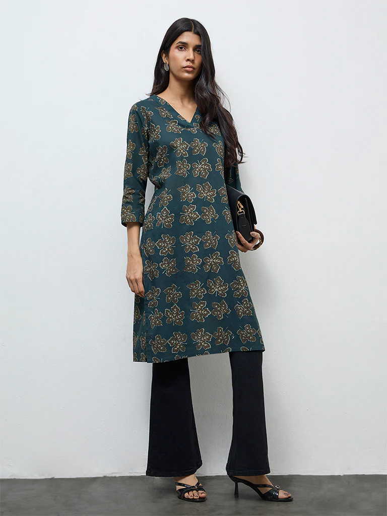 Utsa Green Botanical Printed Cotton Straight Kurta