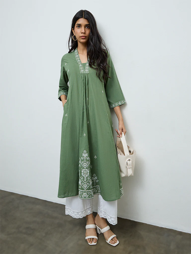 Utsa Green Embroidered Anarkali Cotton Kurta