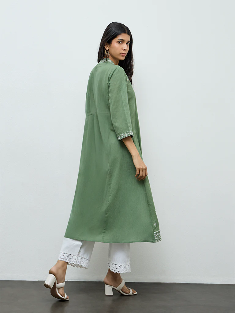 Utsa Green Embroidered Anarkali Cotton Kurta - Image 4