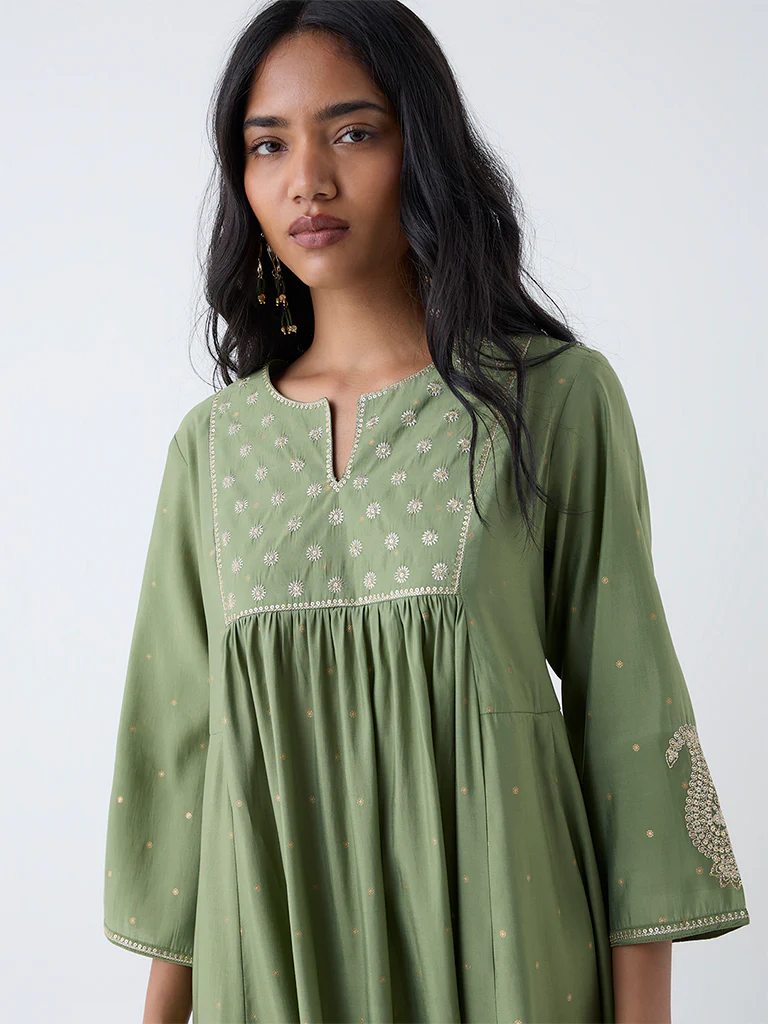 Utsa Green Embroidered Anarkali Kurta - Image 3